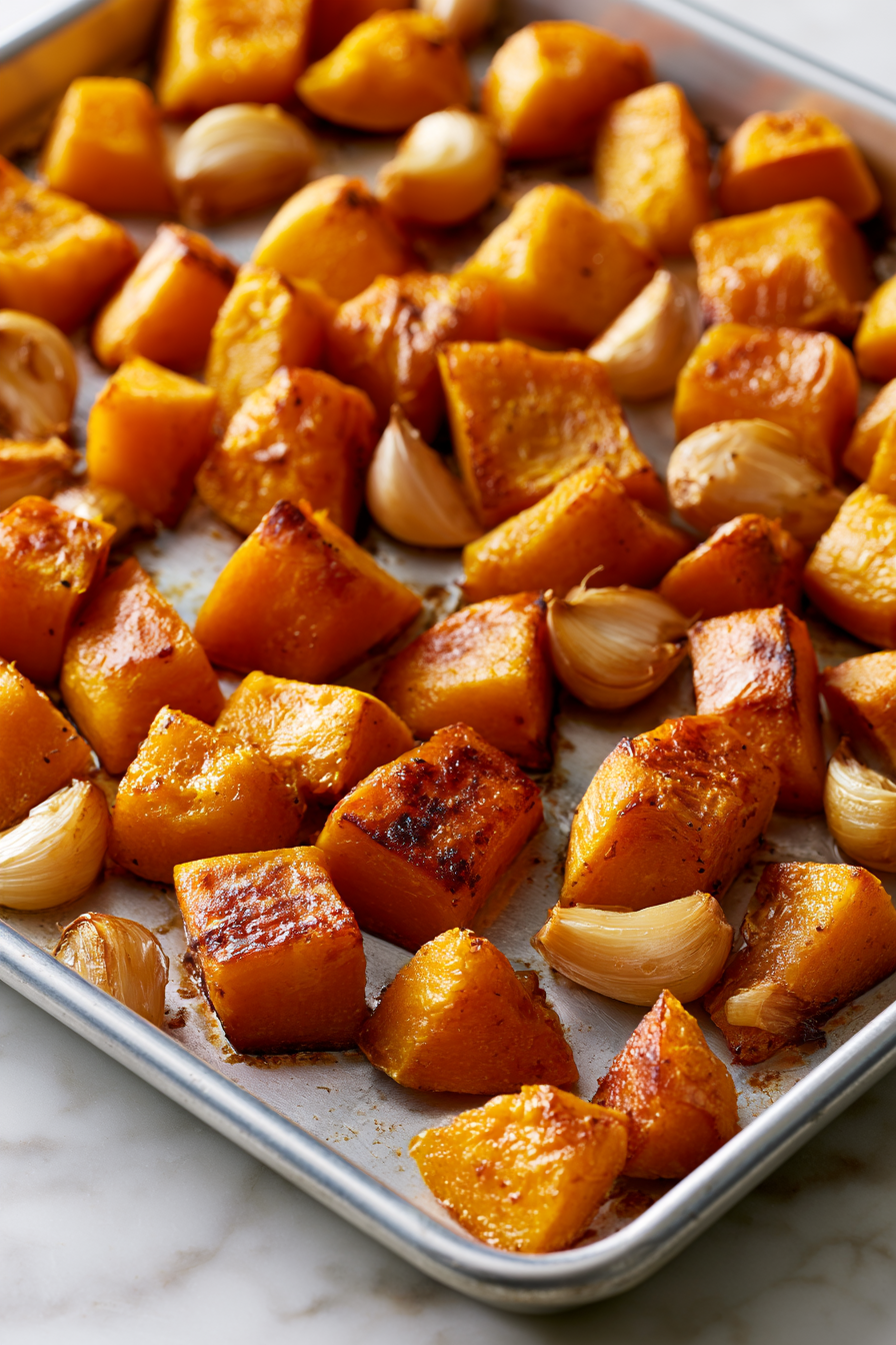 Remove the roasted pumpkin and garlic from the oven