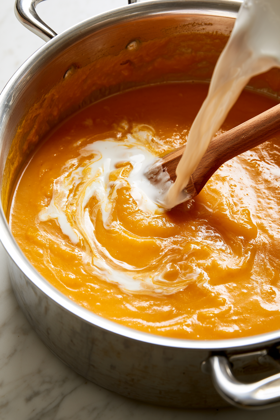 Return the pureed soup to the pot if you used a blender. Stir in the coconut milk for added creaminess, then season with salt and pepper to taste