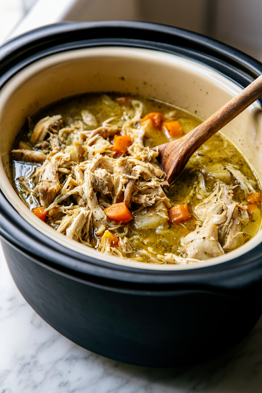 Return the shredded chicken to the stew and stir to distribute evenly