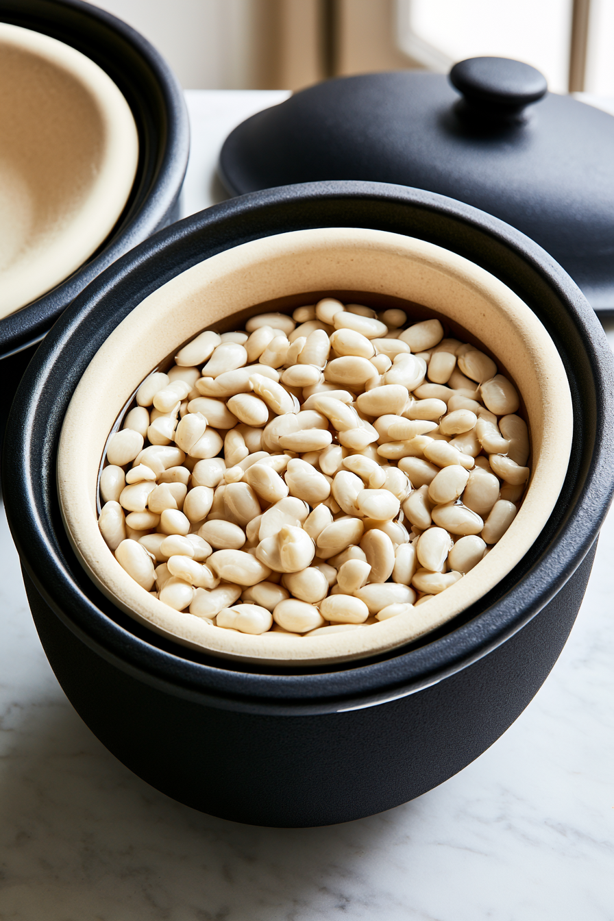 Rinse the beans thoroughly under cold water and drain well. Transfer them to the slow cooker and pour in the water or broth