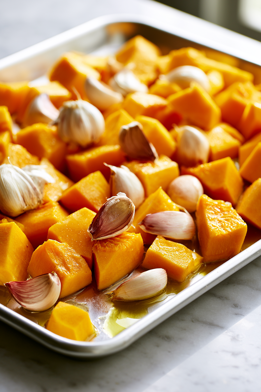 Scatter pumpkin chunks and whole garlic cloves on a baking sheet, then drizzle with olive oil