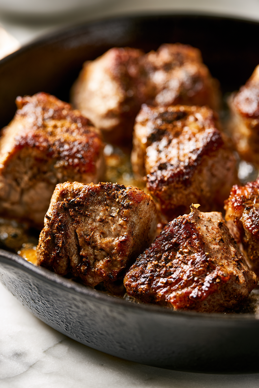 Season the pork chunks with salt, pepper, cumin, and cinnamon. Heat a skillet over medium-high heat and sear the pork until browned on all sides, releasing a rich aroma.