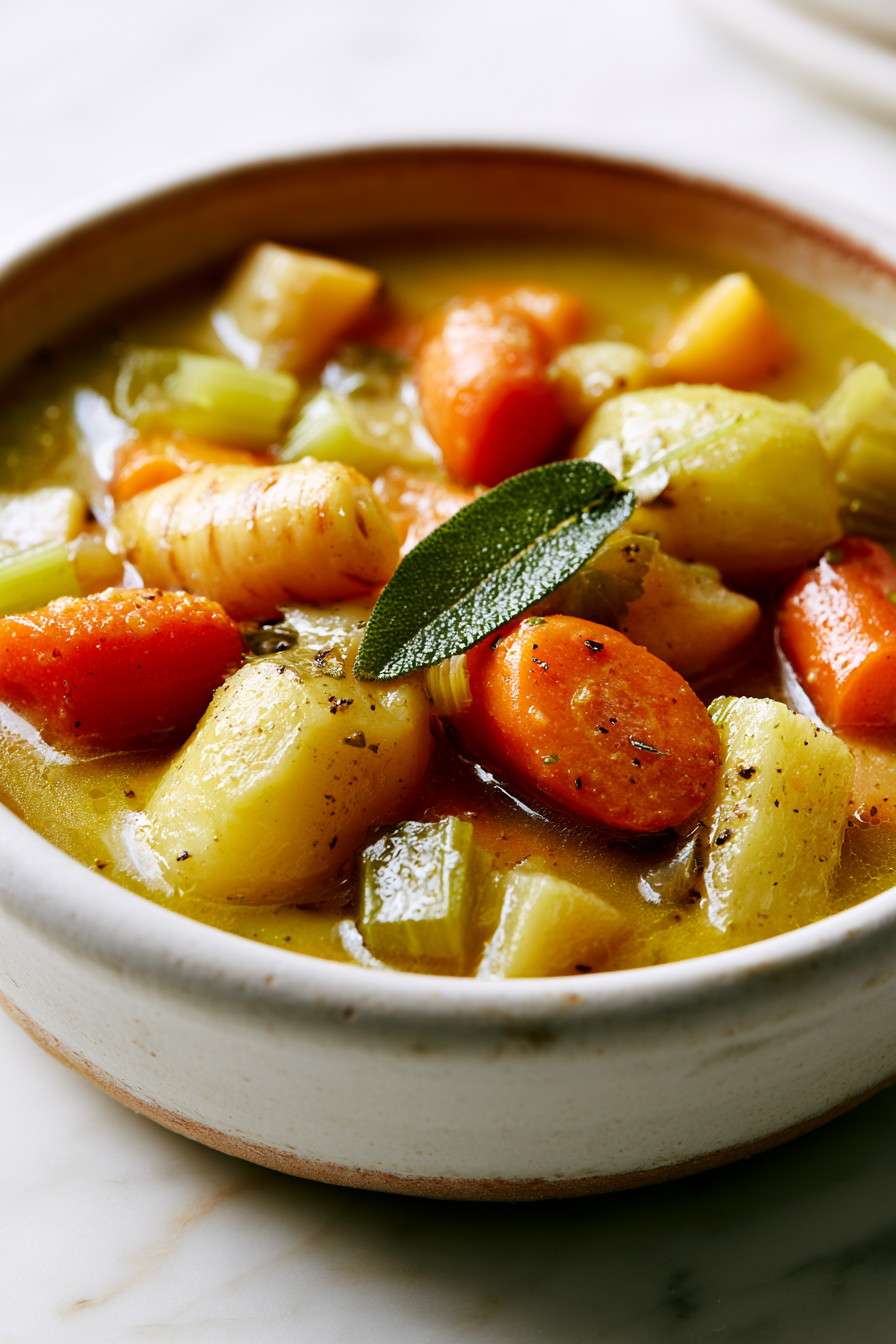 Serve Vegetable Stew with Sage-Infused Chicken Broth