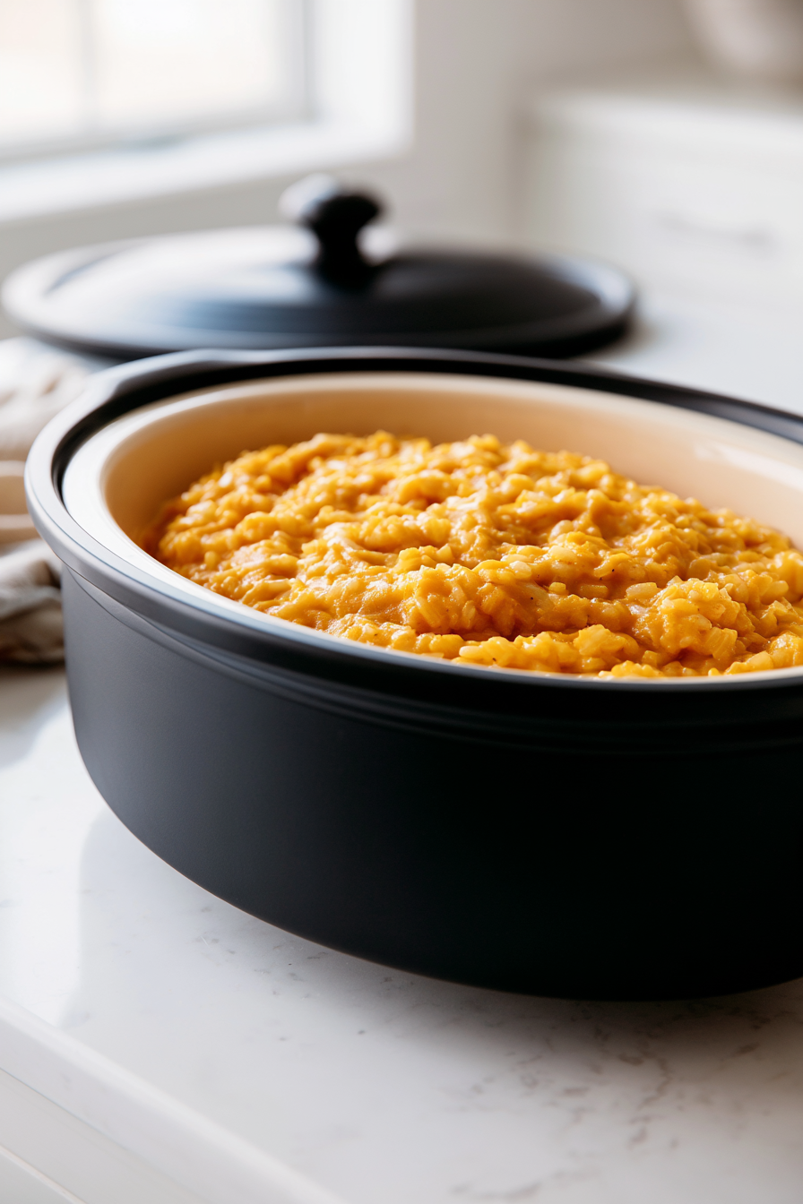Set the slow cooker to low and cover. Let the risotto cook for about 2 hours, stirring once or twice to prevent sticking, until the rice is tender and creamy.