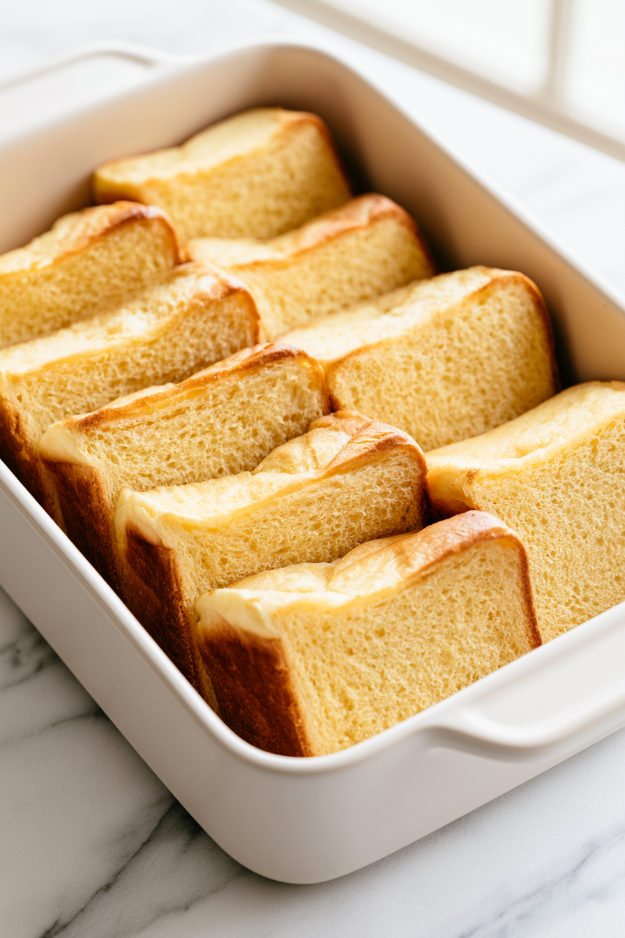 Slice the bread into 1-inch thick pieces and spread them evenly across the bottom of the baking dish, creating a sturdy layer