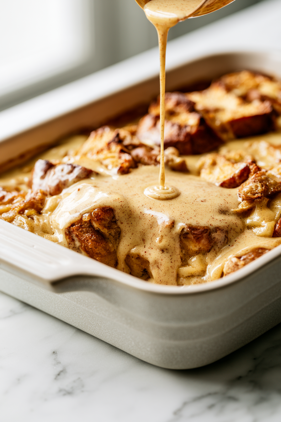Slowly pour the custard mixture over the bread and apple layers, ensuring each piece is soaked evenly
