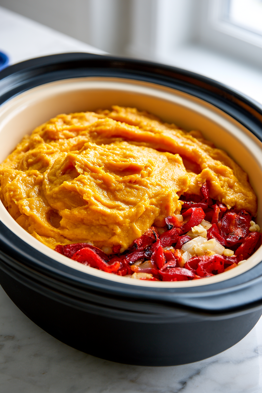 Spoon in the pumpkin puree, smoothing it out so it covers the vegetables slightly, creating a vibrant orange layer