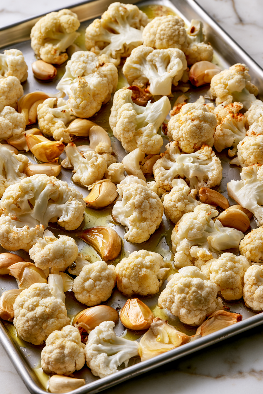 Spread the cauliflower florets and whole garlic cloves on a baking sheet. Drizzle with a tablespoon of olive oil and toss to coat evenly