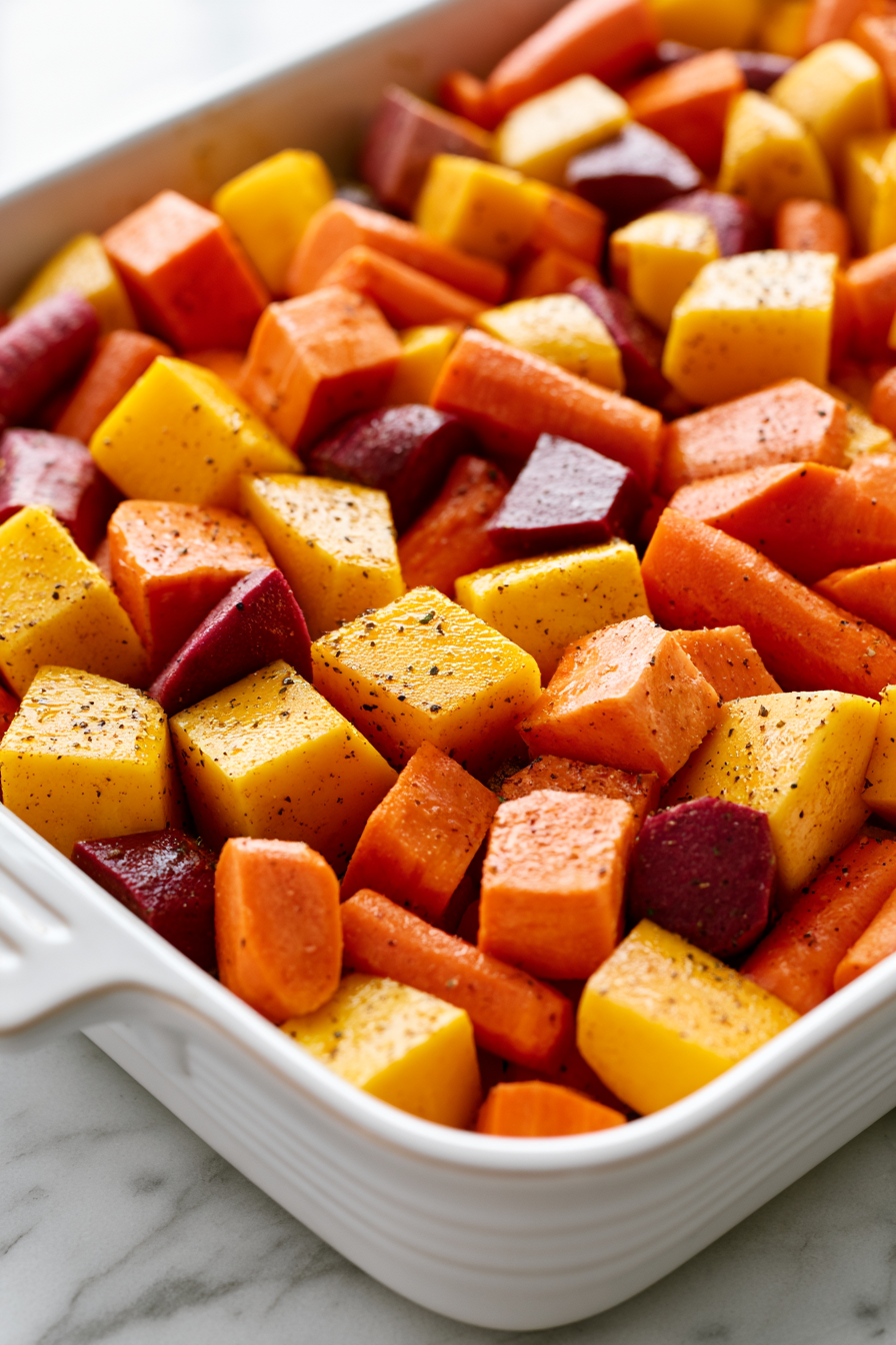.Spread the seasoned vegetables in a single layer into the prepared baking dish, creating a colorful base layer