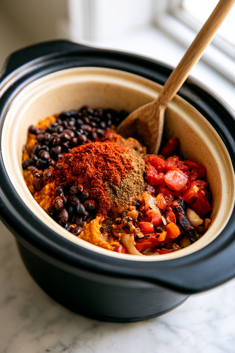 Sprinkle chili powder, smoked paprika, and cumin evenly over the ingredients, then stir gently to distribute the spices