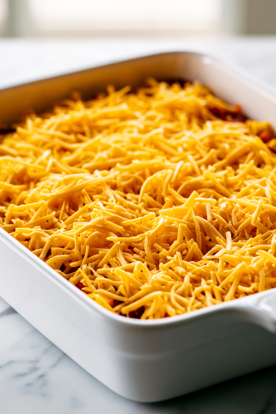Sprinkle half of the shredded cheese evenly over the vegetables for a cheesy layer.