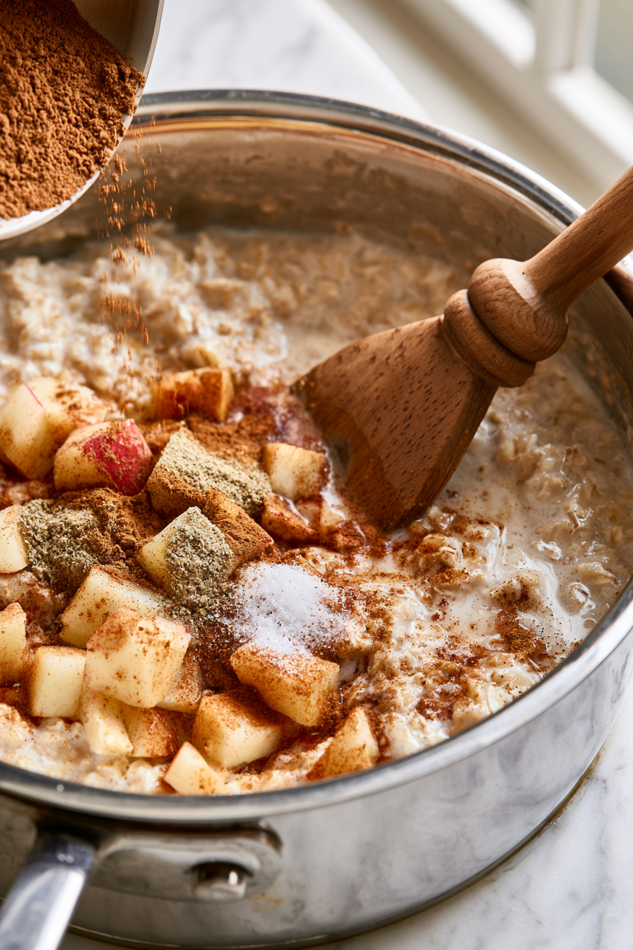 Sprinkle in the ground cinnamon, ground cardamom, and a pinch of salt, stirring well to combine and release aromatic smells