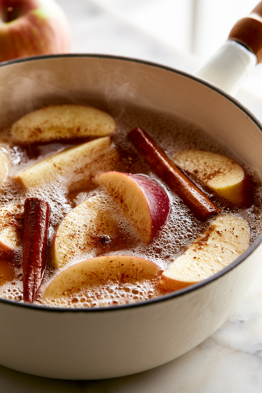 Sprinkle in the ground cinnamon, nutmeg, and cloves, scattering the spices evenly over the mixture. Turn on the heat to medium-high and bring the water to a gentle simmer