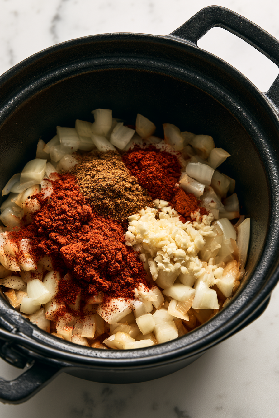 Sprinkle the chili powder, cumin, and paprika into the mixture