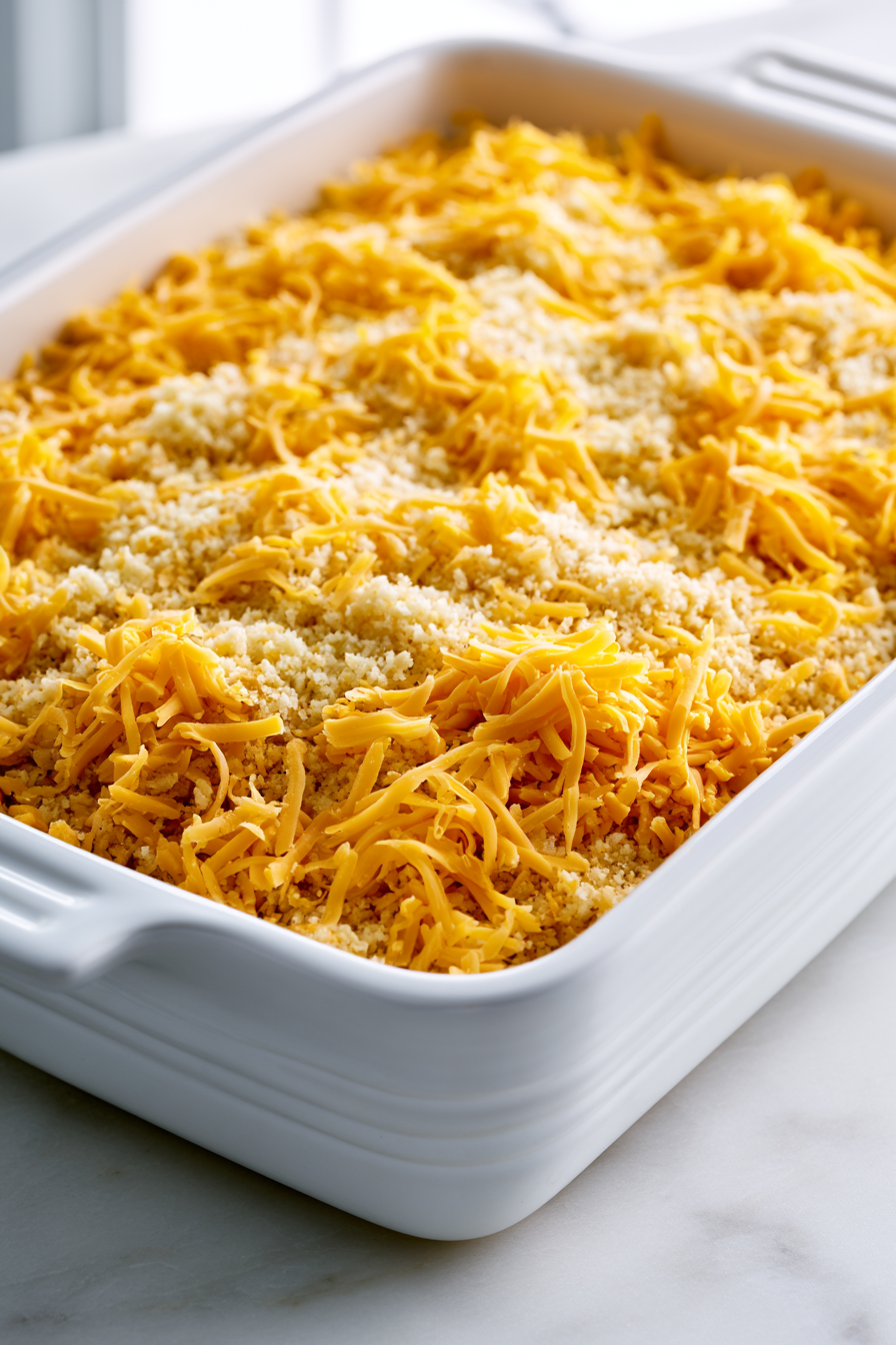 Sprinkle the seasoned breadcrumbs over the cheese layer, creating a crispy topping that will brown nicely in the oven.