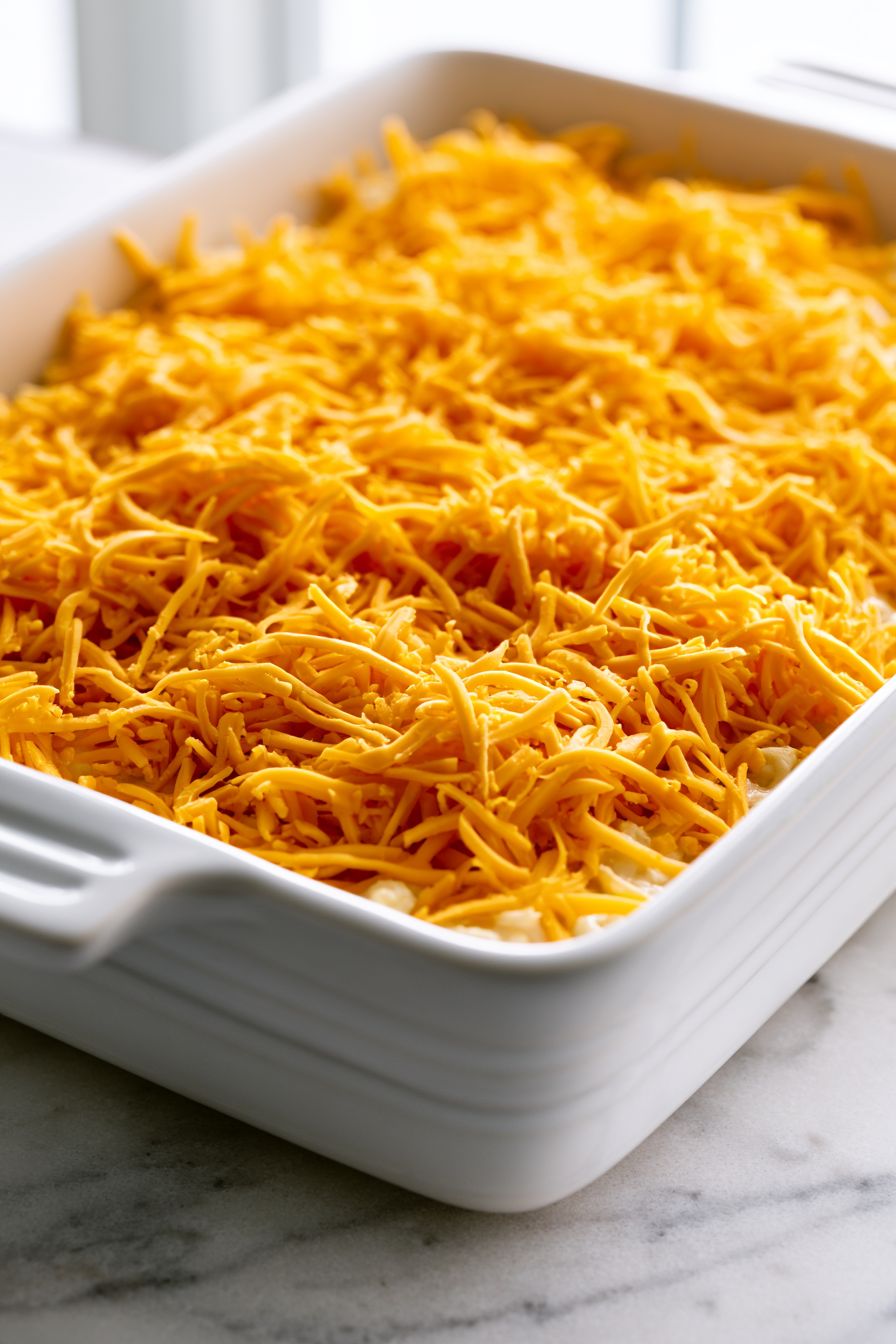 Sprinkle the shredded cheese evenly over the top of the casserole, covering all the surface for a melty, cheesy crust.