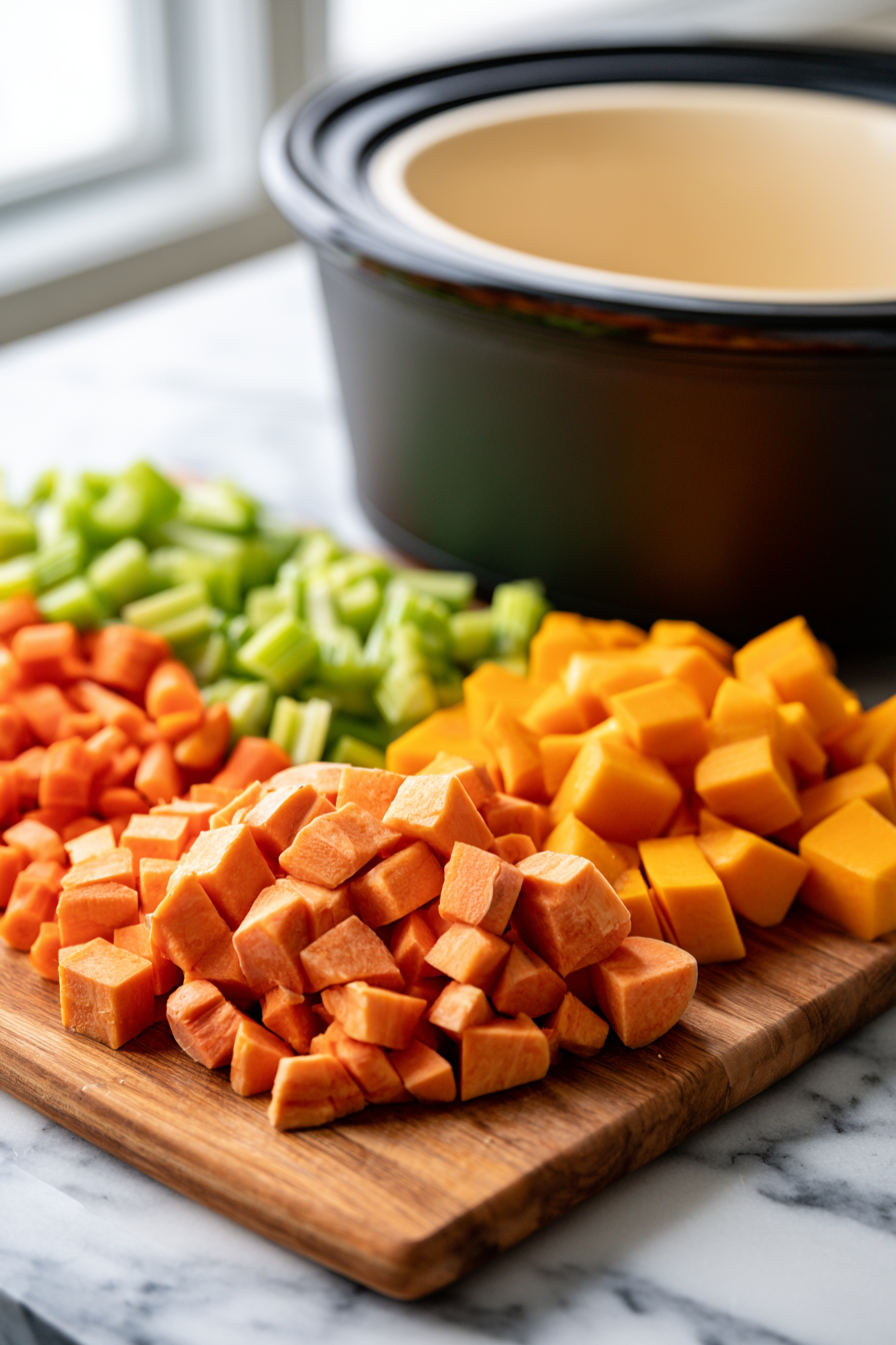 Start by chopping all your vegetables—sweet potatoes, carrots, celery, and butternut squash—into uniform, bite-sized pieces for even cooking.
