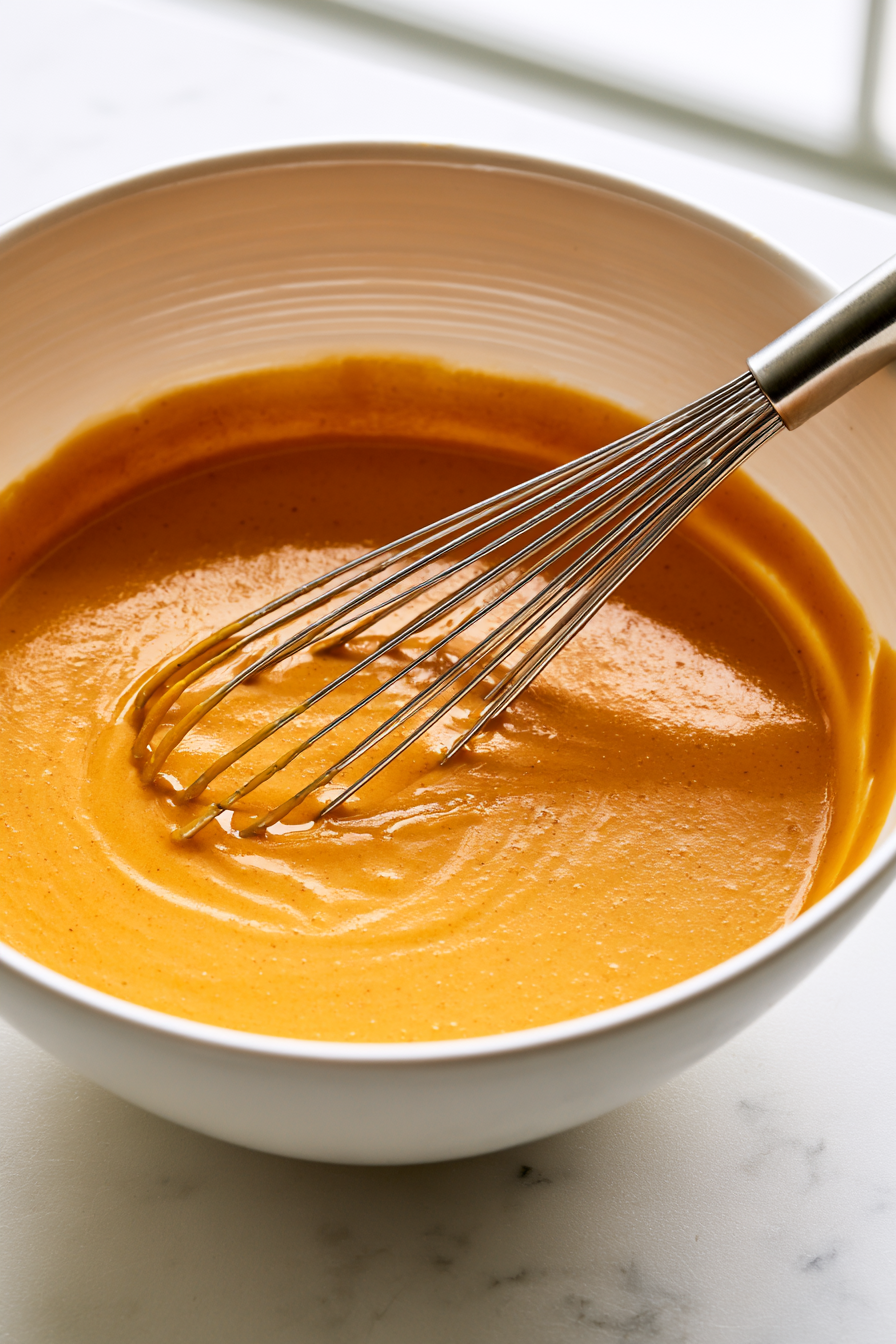 Start by whisking together your eggs, pumpkin puree, milk, maple syrup, salt, cinnamon, and nutmeg in a large mixing bowl