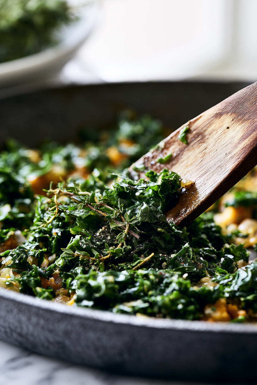 Stir in the chopped kale and chopped thyme, cooking until the kale wilts and reduces in volume, about 2-3 minutes. Season with salt and pepper to taste.