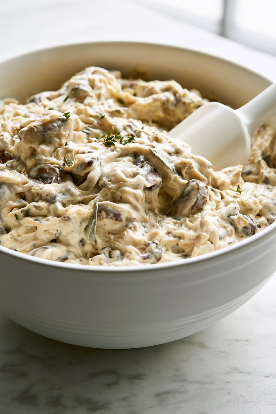 Stir in the cream of mushroom soup until the mixture is smooth and well combined. This creates a creamy coating that will keep the chicken moist during baking.