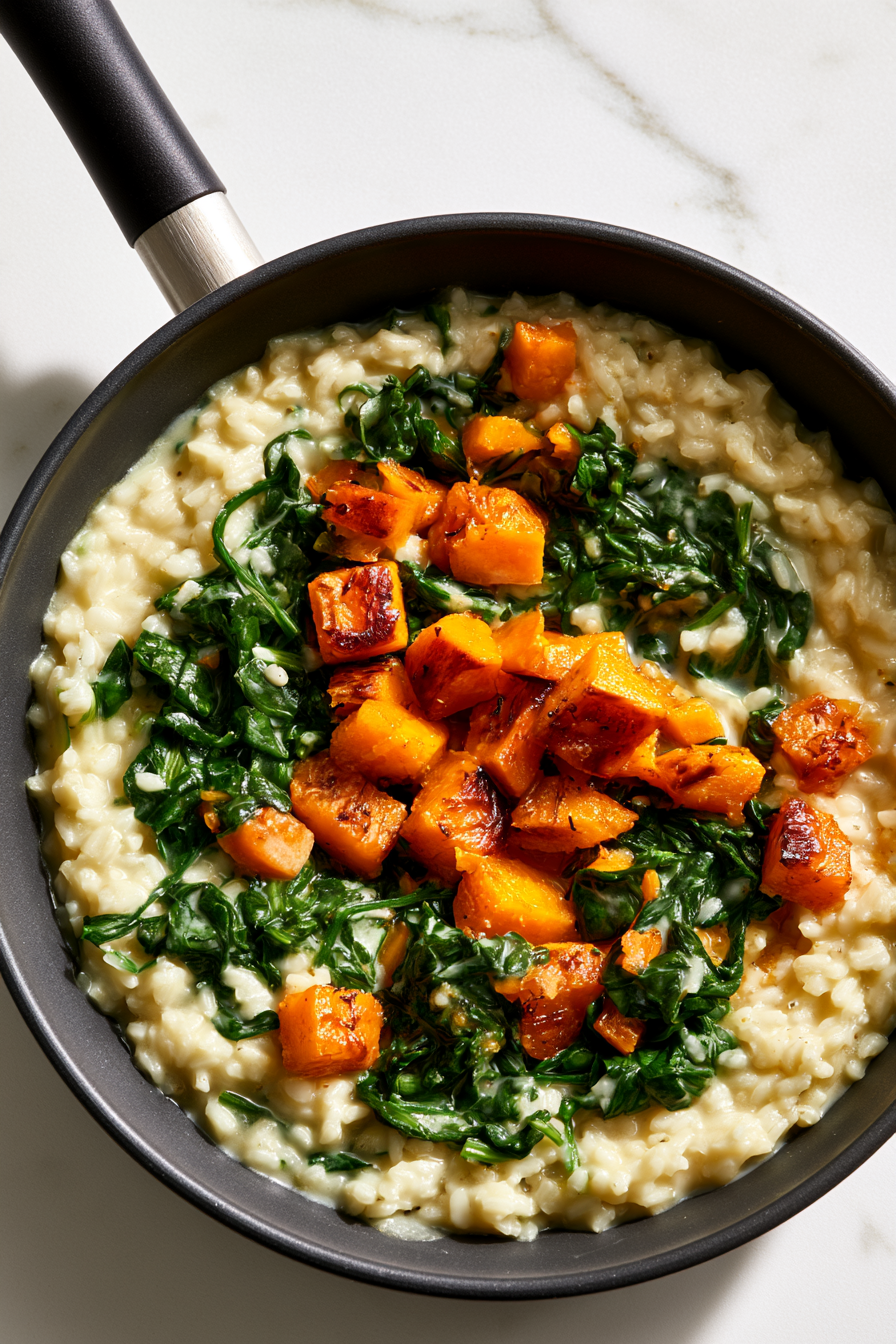 Stir in the roasted butternut squash chunks and chopped spinach