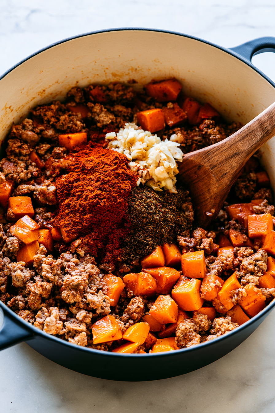 Stir in the roasted garlic and cook for another minute until fragrant. Add chili powder, cumin, and smoked paprika, stirring to coat the meat and sweet potatoes evenly