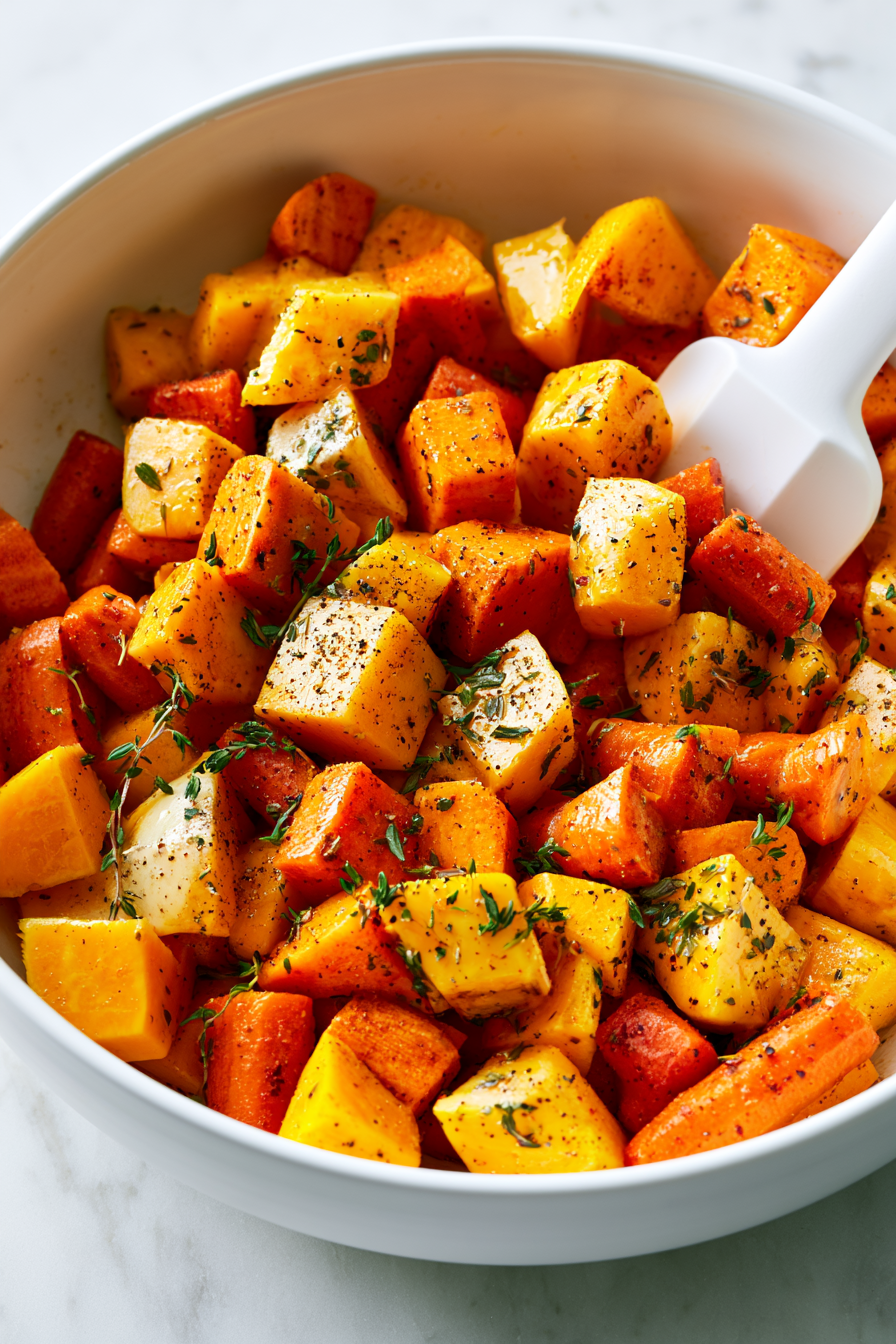 Toss the chopped seasonal vegetables with a drizzle of olive oil, dried thyme, paprika, and a pinch of salt and pepper until evenly coated.