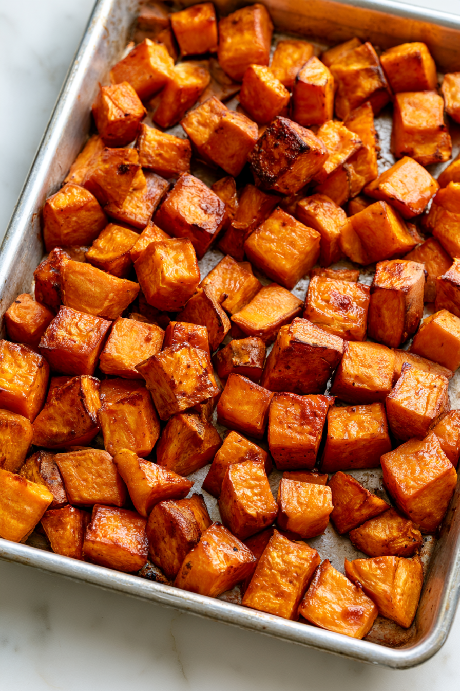 Toss the cubed sweet potatoes with olive oil, sprinkle with a little salt, and spread them in a single layer on a baking sheet