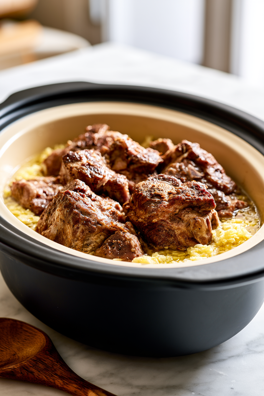 Transfer the browned pork to your slow cooker and add the minced garlic and chicken broth