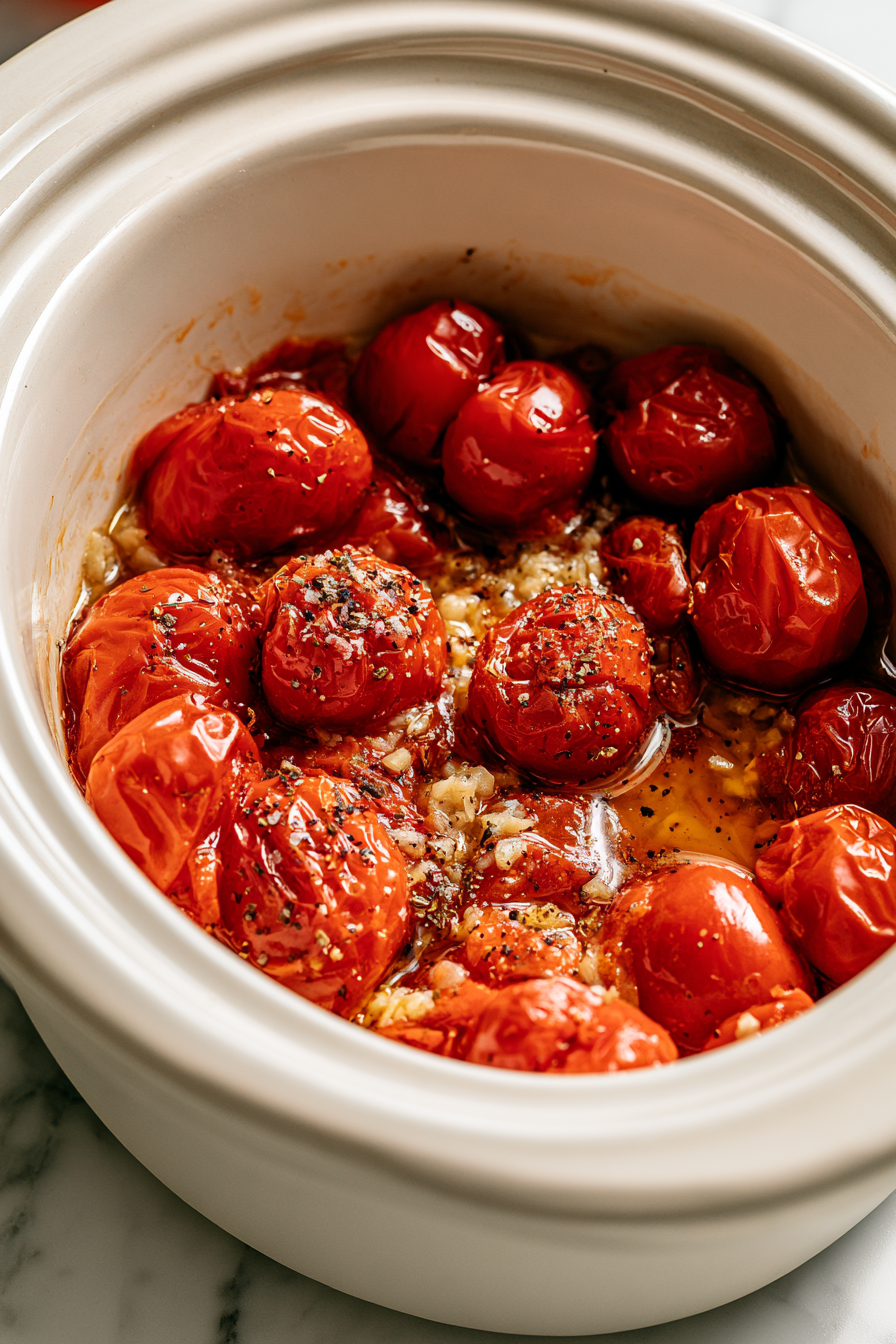Transfer the roasted tomatoes into the crockpot, including any juices from the baking sheet