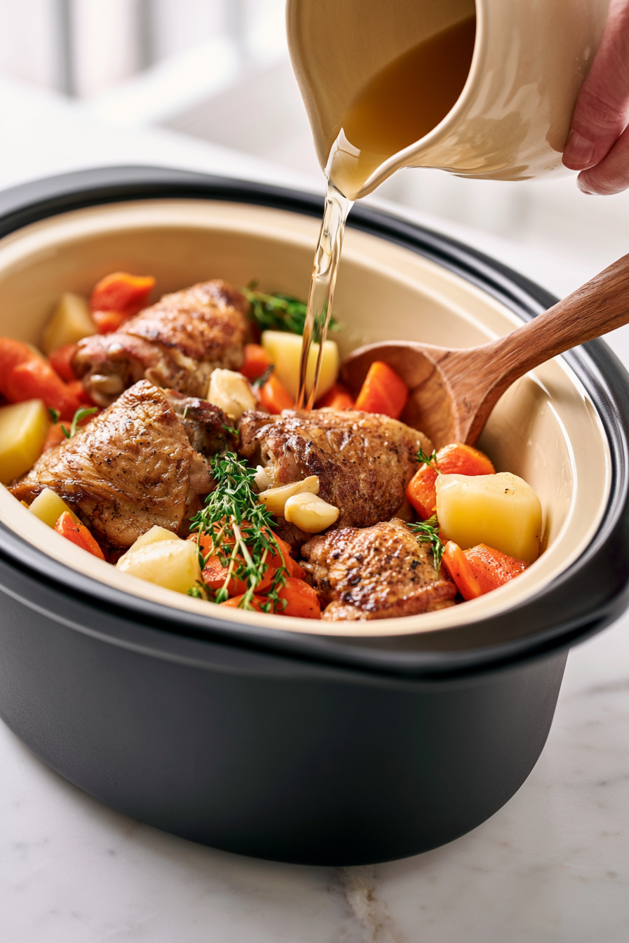 Transfer the seared chicken, garlic, carrots, potatoes, thyme, and cooked garlic into the slow cooker
