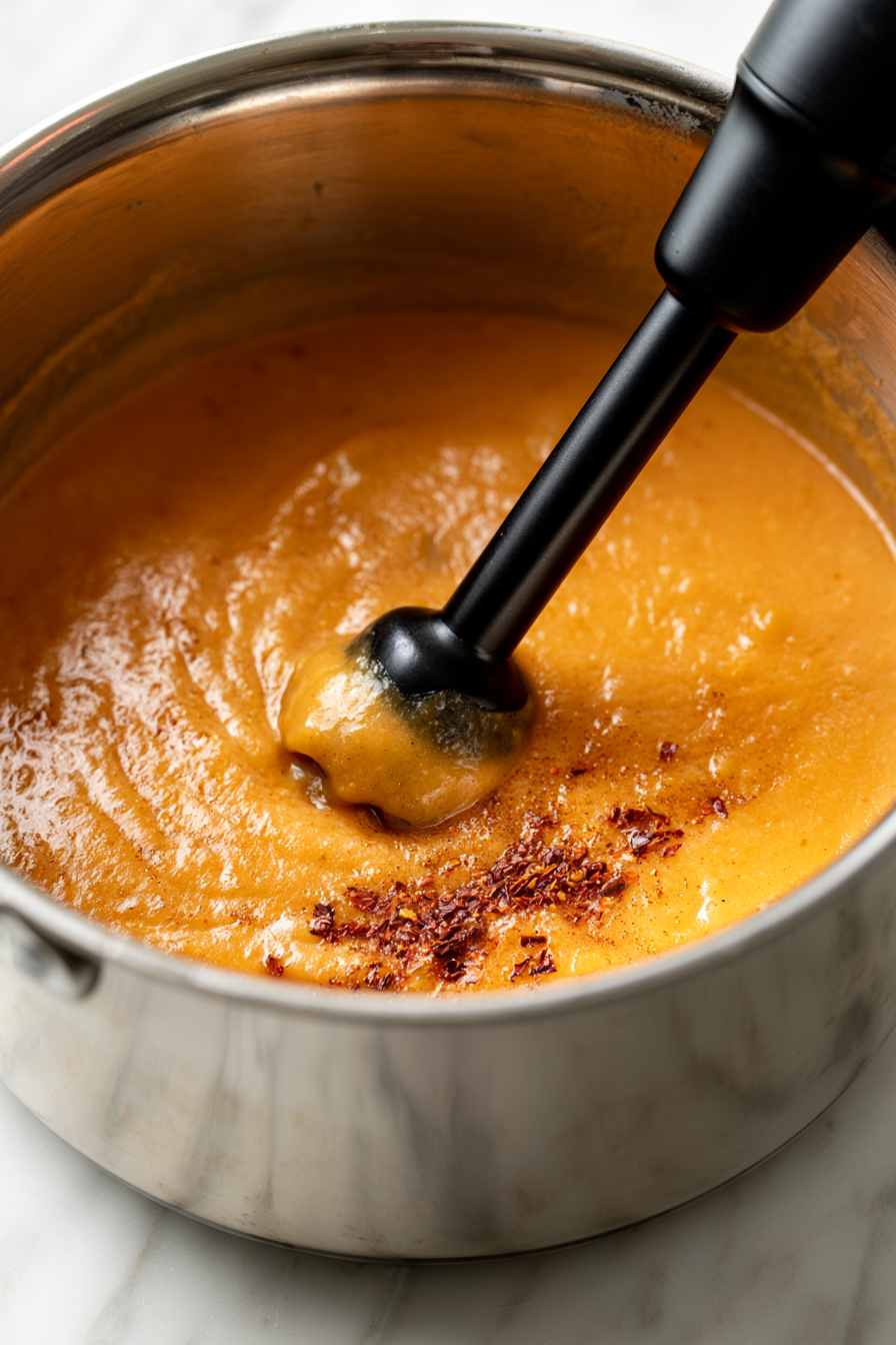 Use an immersion blender directly in the pot to puree the mixture until smooth, or carefully transfer it to a blender in batches and blend until velvety