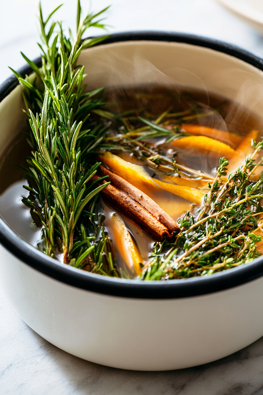 When the mixture has simmered for about 30 minutes and the air is filled with a warm, herbal scent, turn off the heat