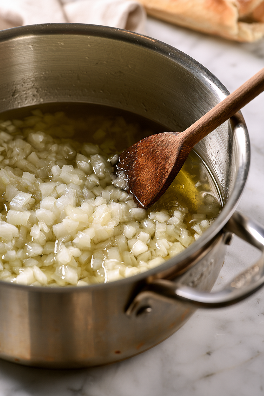 While the squash roasts, chop the onion finely. In a large pot, heat the remaining tablespoon of olive oil over medium heat. Add the onion and cook