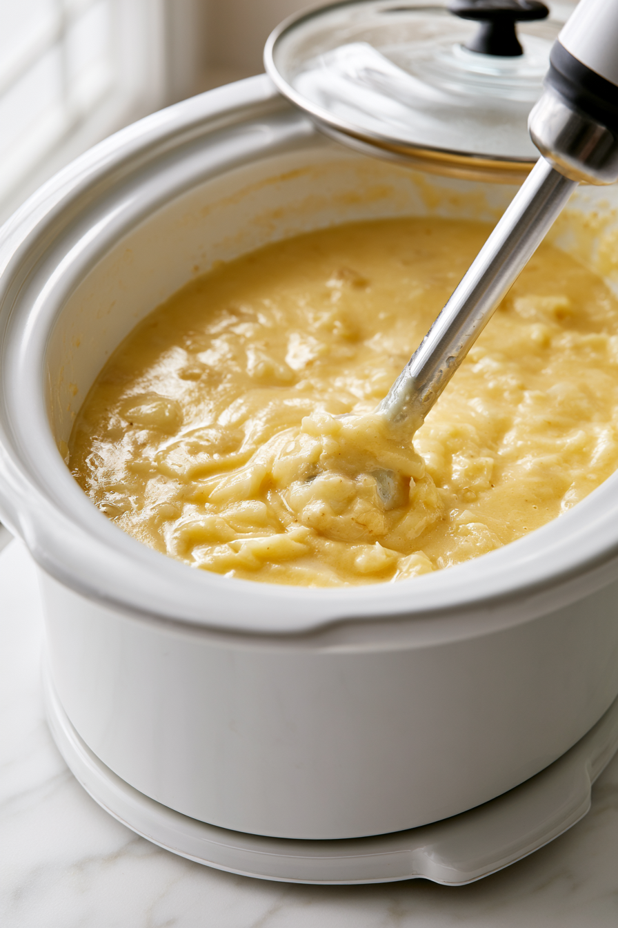 use an immersion blender directly in the slow cooker to blend the soup until smooth and velvety