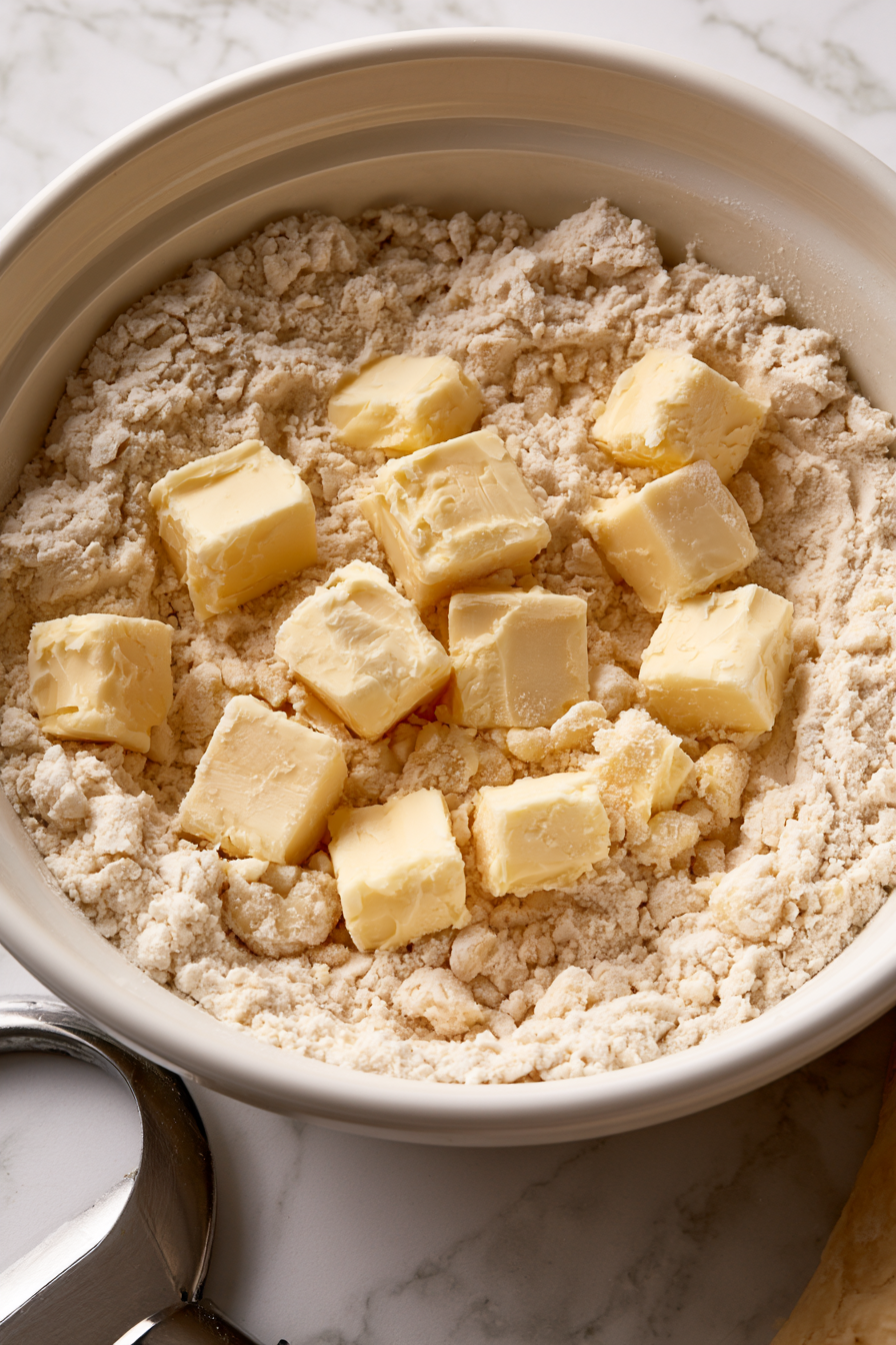 Add the cold, cubed butter to the dry mixture. Use a pastry cutter or your fingertips to cut the butter into the flour until the mixture resembles coarse crumbs with pea-sized pieces