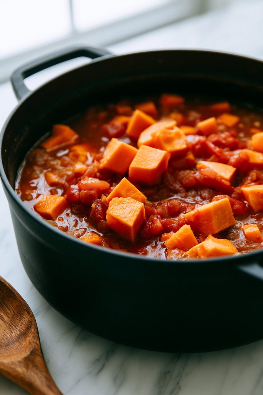 Add the diced sweet potatoes and canned tomatoes to the pot