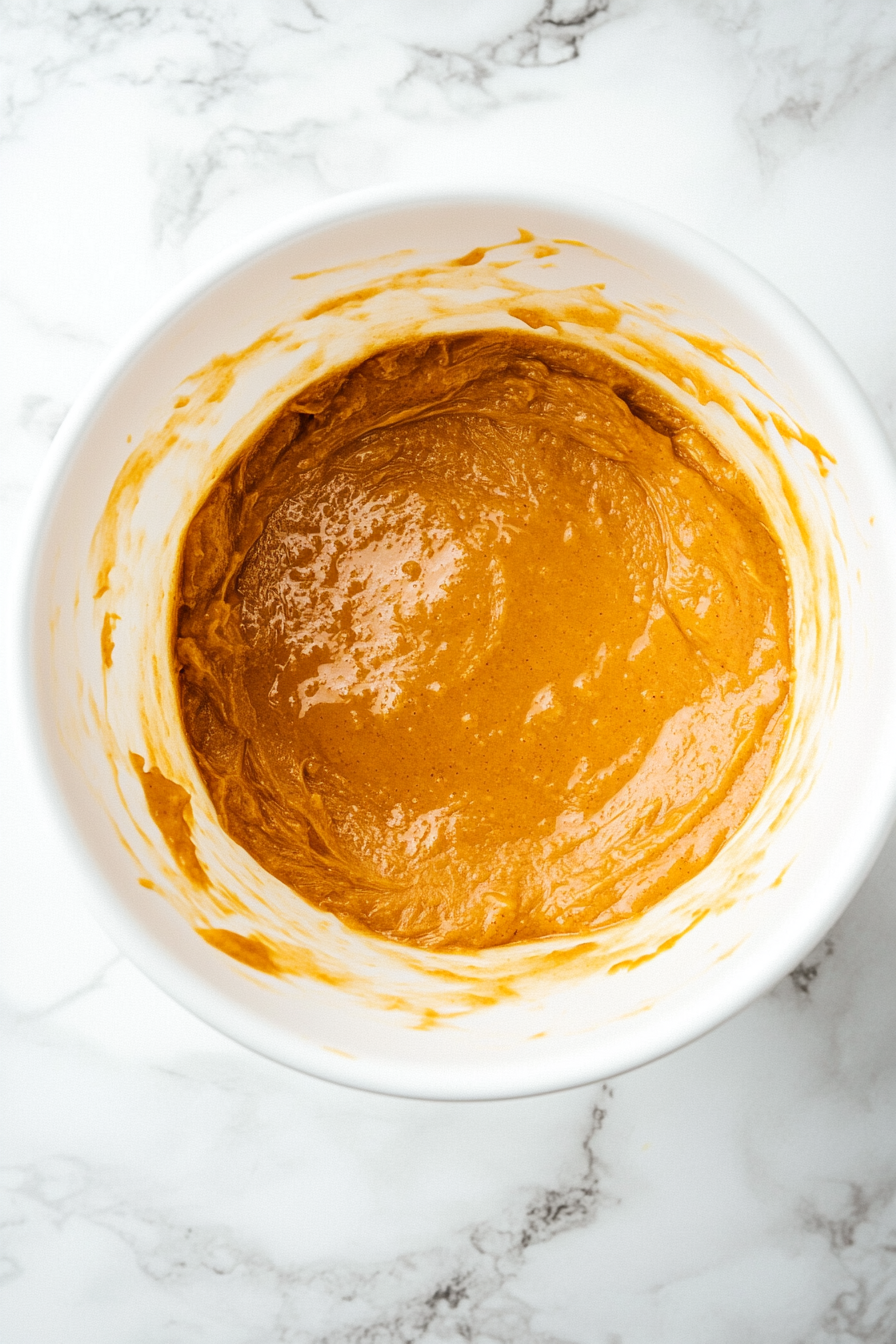 Add the eggs one at a time, beating well after each addition. Then stir in the pumpkin puree and vanilla extract until the mixture is smooth and glossy