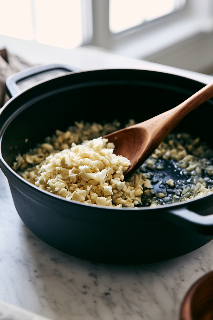 Add the smashed garlic cloves to the pot and cook for 30 seconds, stirring until fragrant but not burnt.