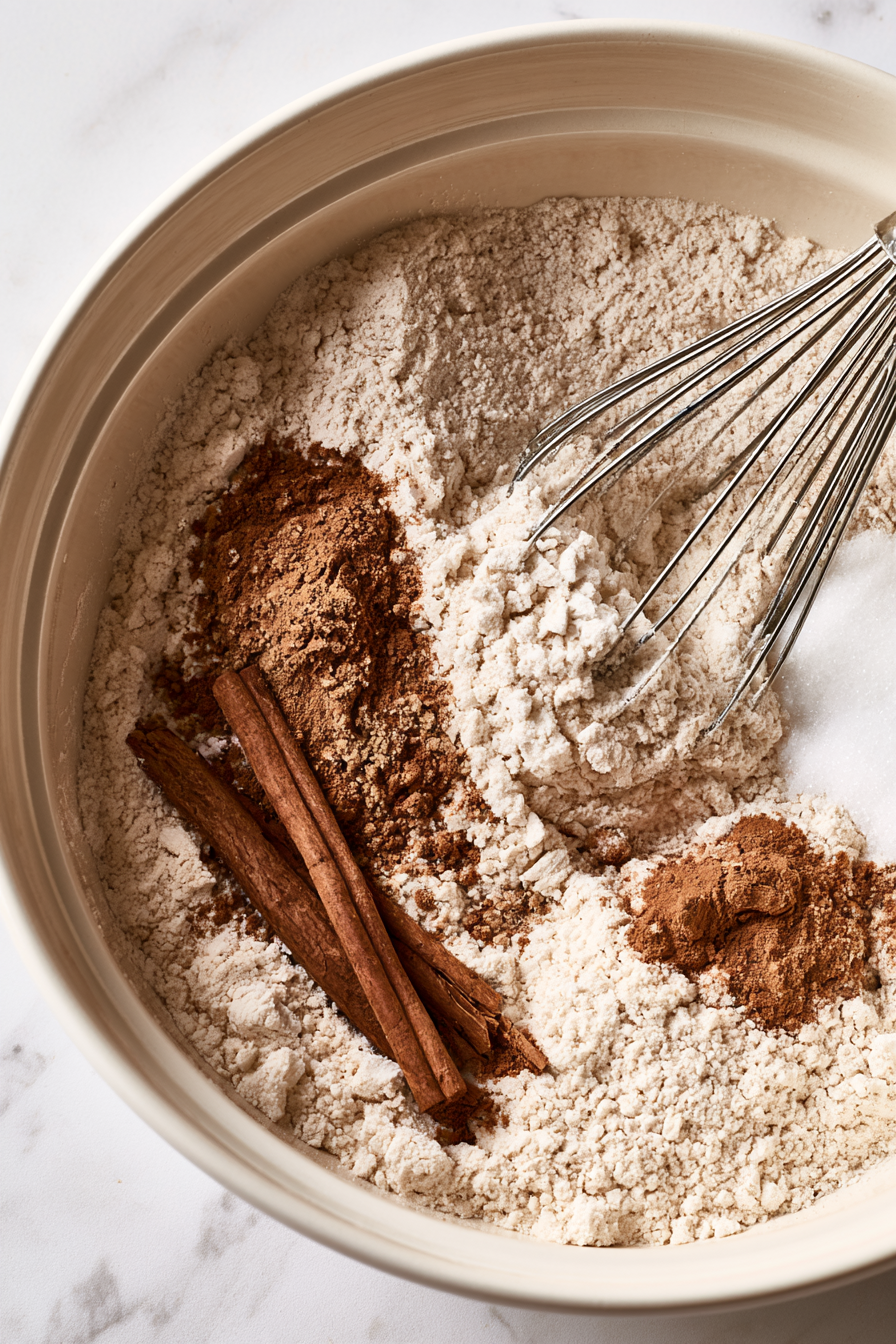 In a large mixing bowl, whisk together the flour, sugar, baking powder, cinnamon, nutmeg, and salt until well combined