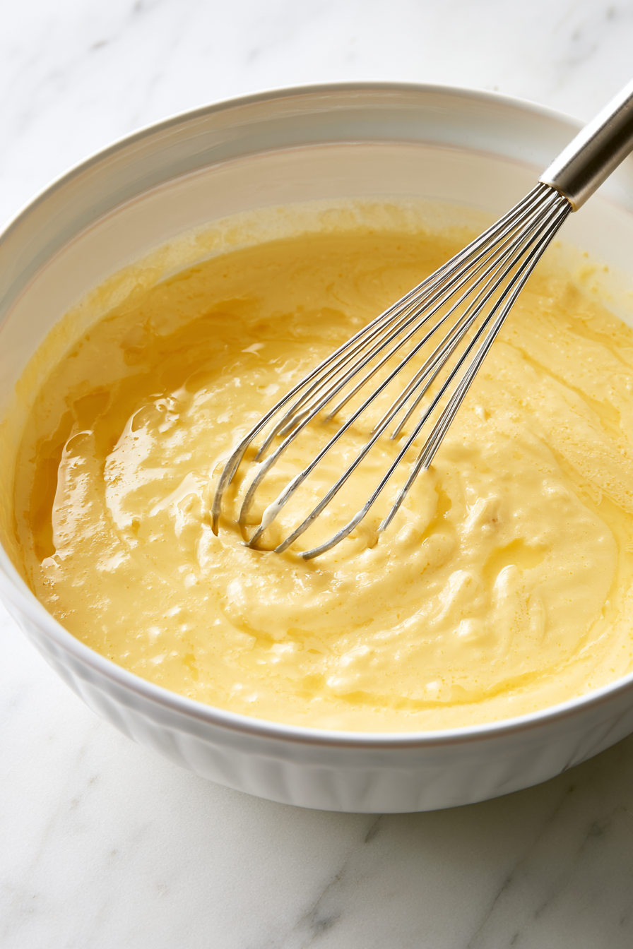 In a mixing bowl, whisk together the heavy cream, melted butter, mustard powder, and a pinch of salt until well combined