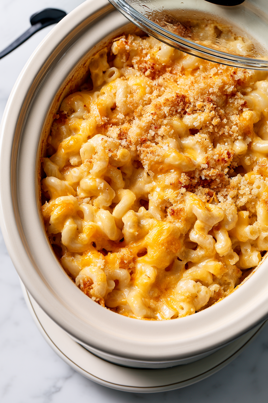 Once bubbly and golden on top, turn off the slow cooker and let the dish sit uncovered for 5 minutes