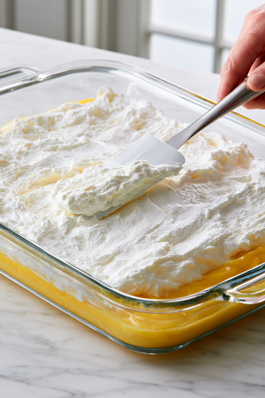 Once the lemon curd has set, spread the sweetened whipped cream evenly over the lemon layer, smoothing it with a spatula