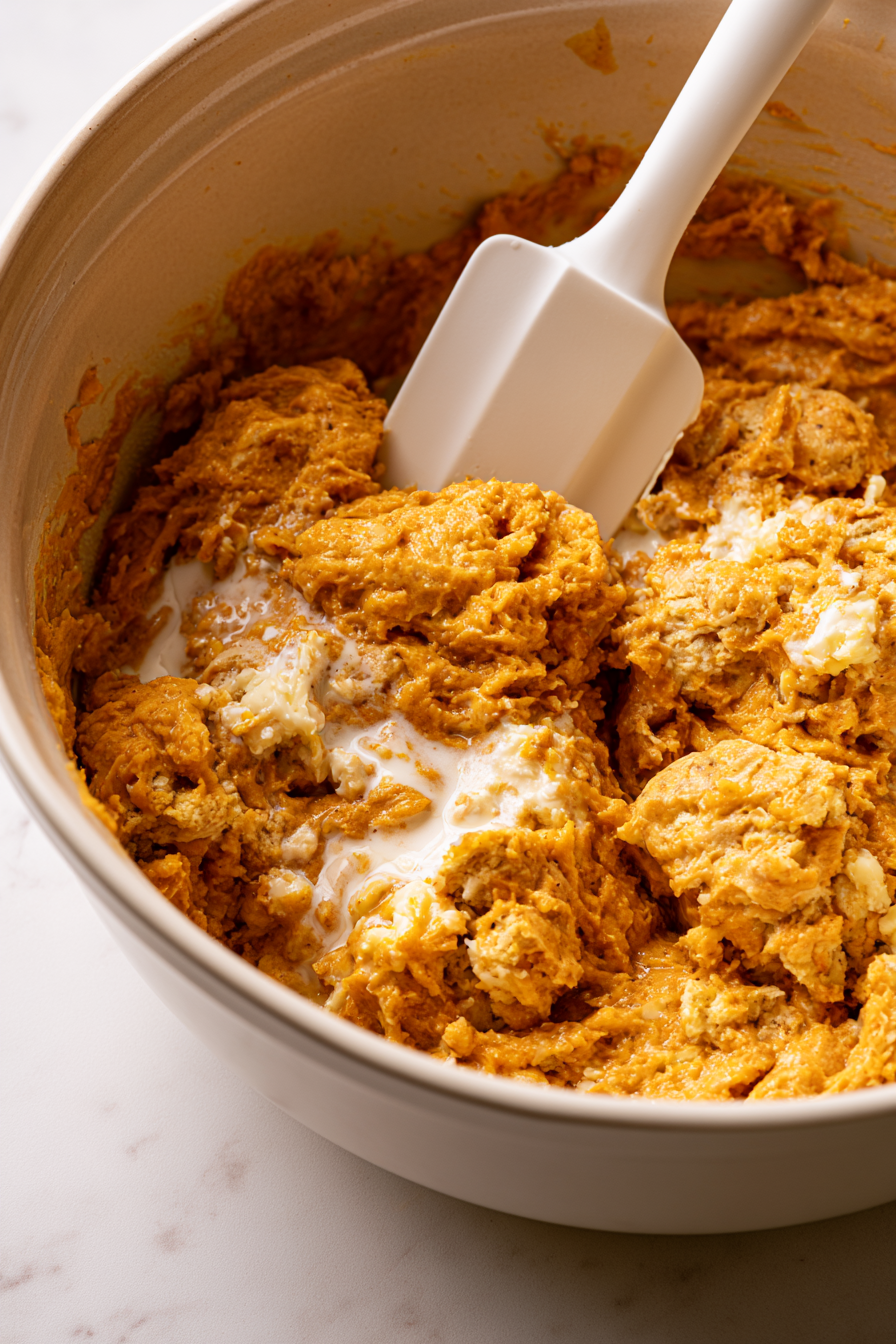 Pour in the cold heavy cream and gently fold it into the dough with a spatula until the mixture starts to come together