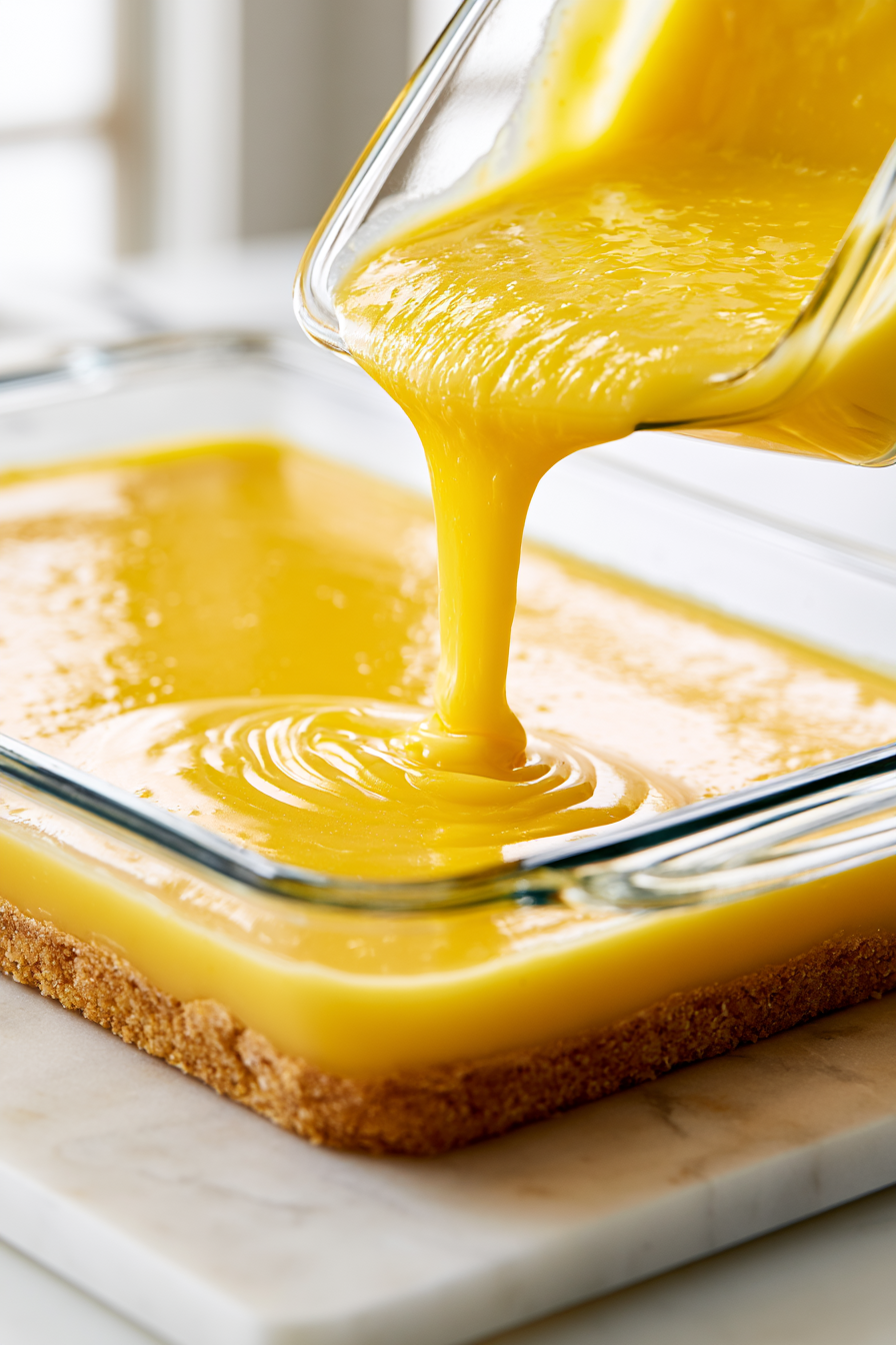 Pour the lemon curd over the cooled crust and spread evenly
