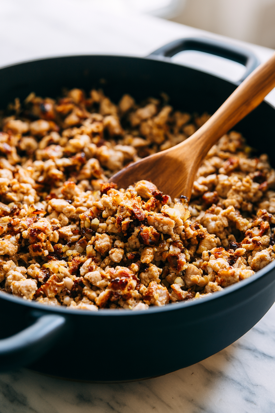 Push the vegetables to the side and add the ground turkey. Cook until it’s browned and starting to crisp around the edges