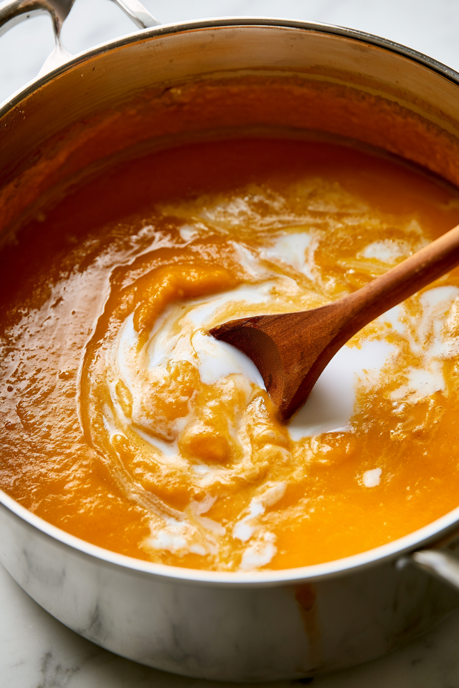 Return the puréed soup to low heat, stir in the coconut milk if using, and simmer for another 5 minutes to warm through and enrich the flavor