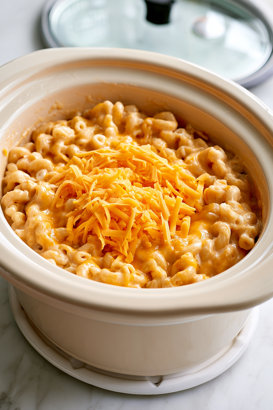 Sprinkle the shredded cheddar cheese over the pasta and cream mixture, then stir gently to distribute the cheese evenly throughout