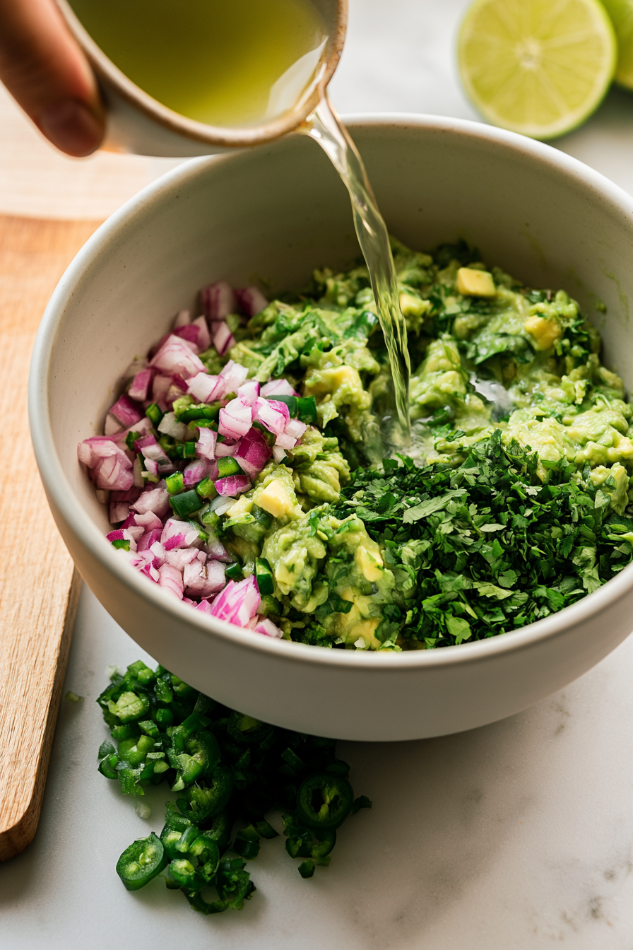Stir in freshly squeezed lime juice, finely chopped red onion, diced jalapeño, and chopped cilantro