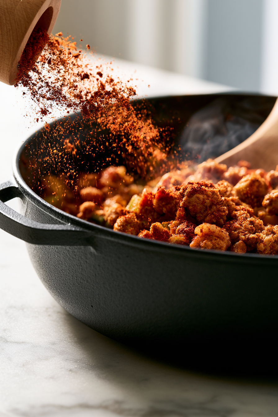 Stir in the chili powder, smoked paprika, cumin, and cayenne